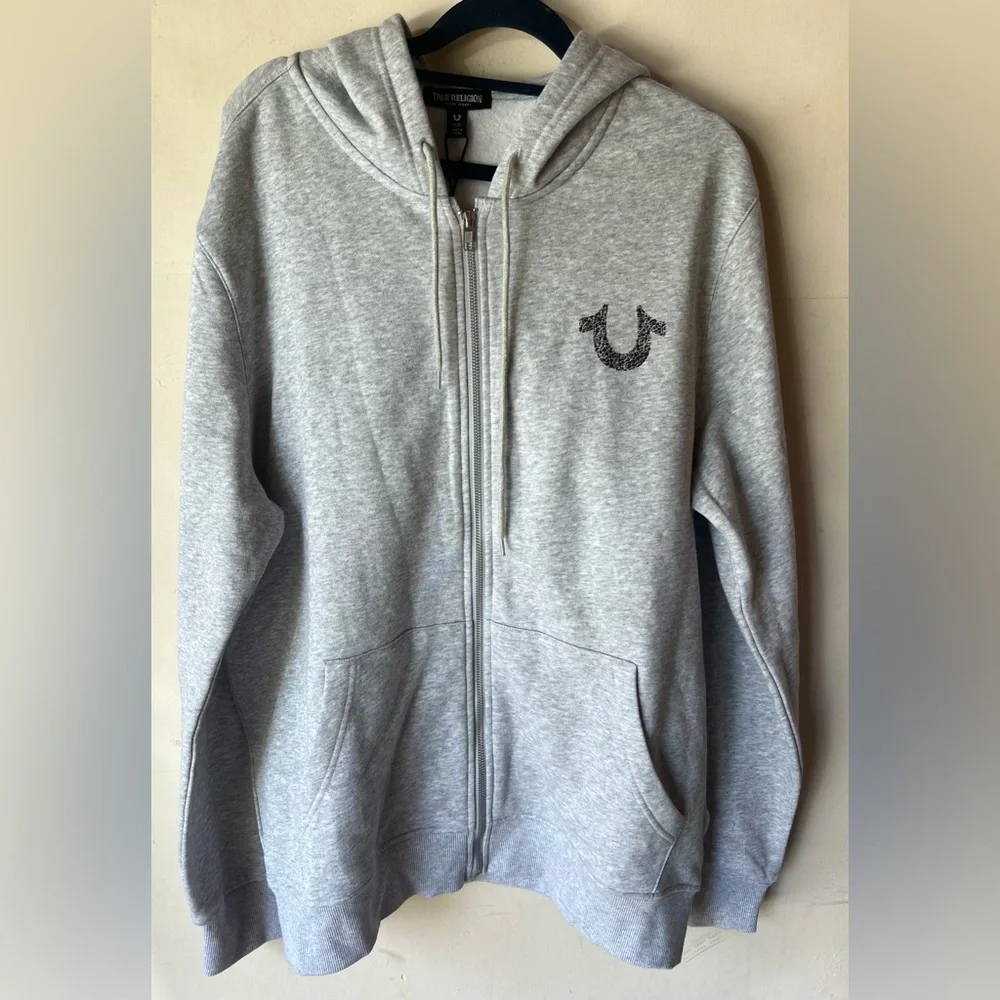New Mens True Religion L Hooded Sweatshirt Gray Hoodie Zip‎ Up Jacket